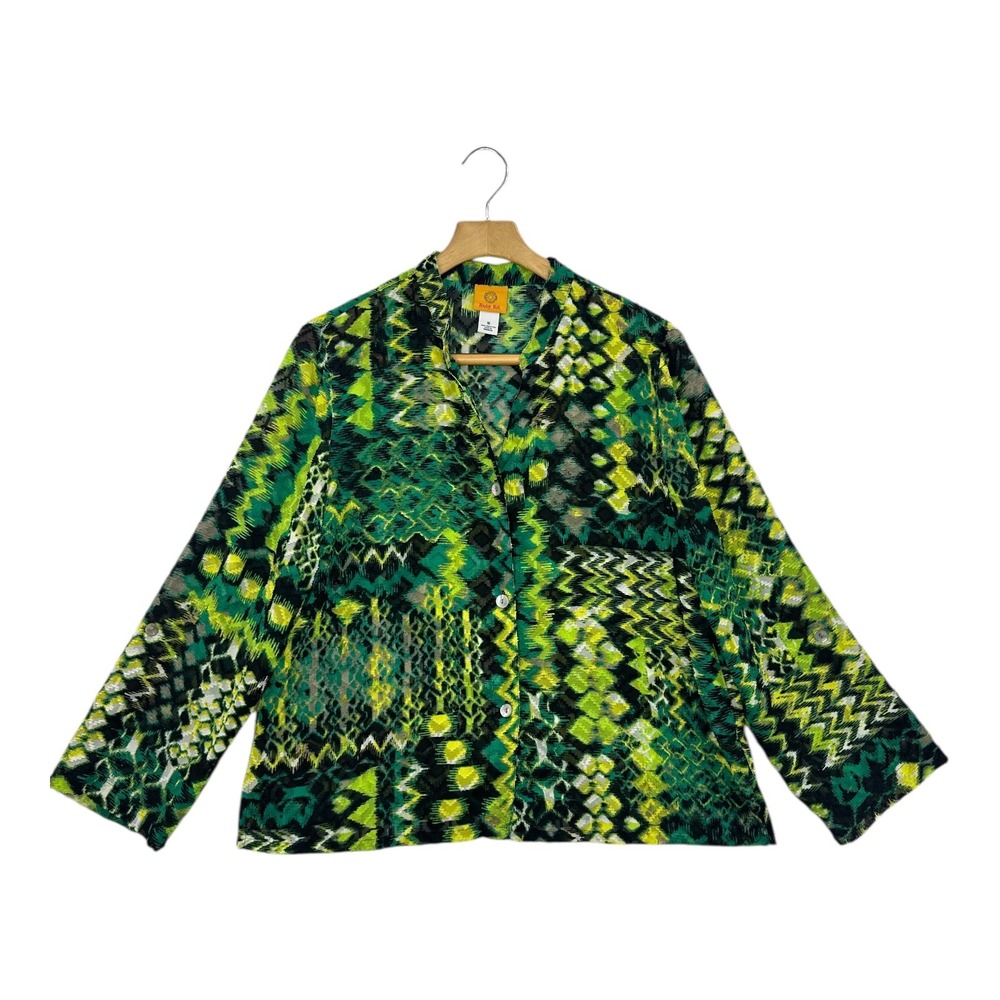 Ruby Rd Plus Size 16 Abstract Print Button Front Shirt Top Blouse Green Yellow
